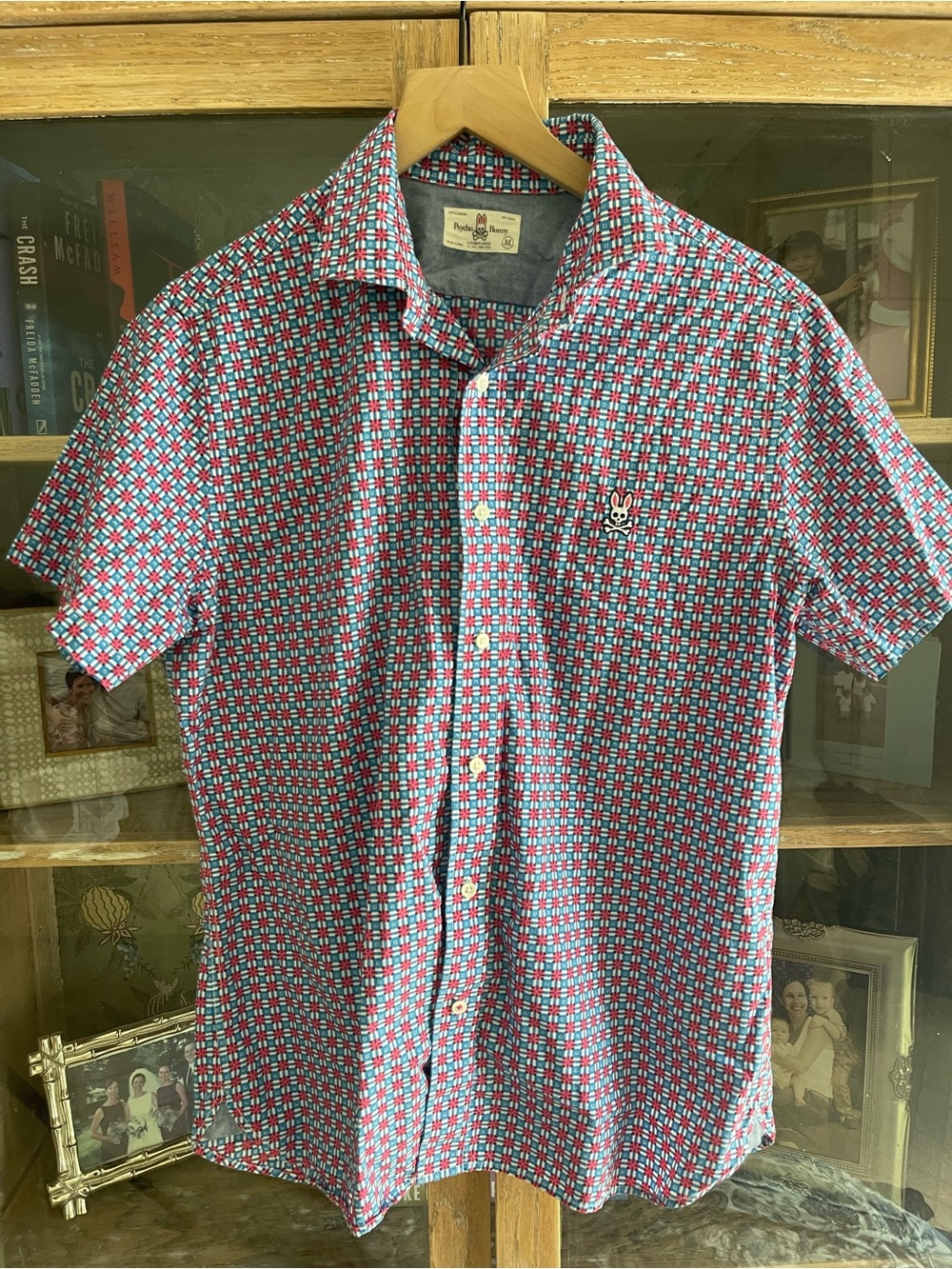 Psycho Bunny Short-Sleeve Button-Down in Blue & Red Geometric Print